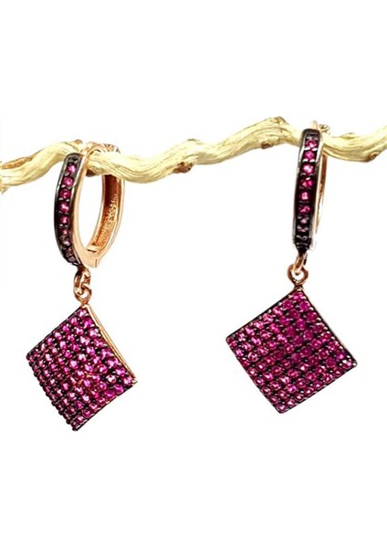 Pembe Zirkon Taşlı Gümüş Sallantılı Küpe