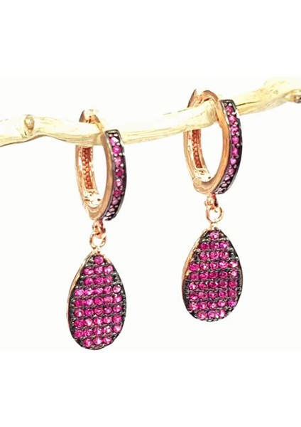 Pembe Zirkon Taşlı Gümüş Küpe