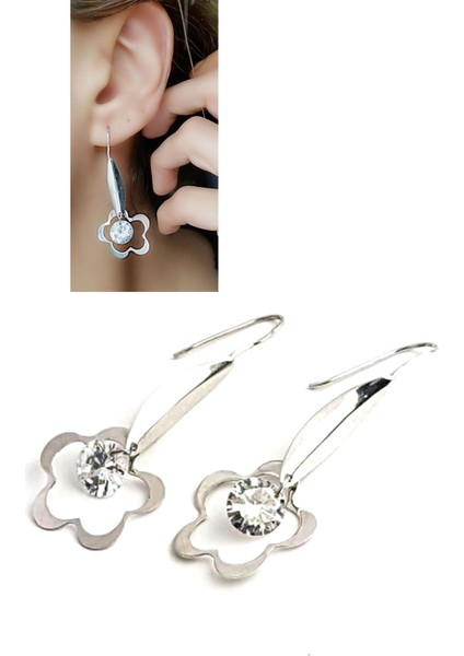 Swarovski Taşlı Çiçek Figürlü Sallantılı Gümüş Küpe