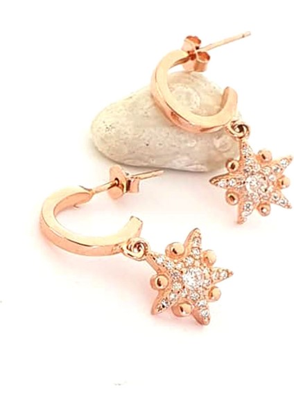 Zirkon Taşlı 925 Ayar Gümüş Rose Kutup Yıldızı Sallantılı Küpe