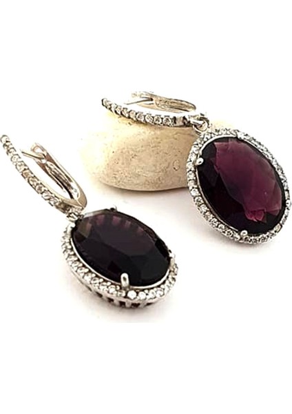 mor Ametist taşlı 925 ayar gümüş küpe