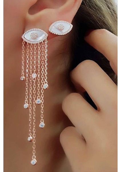 Sedef ve zirkon taşlı Tasarım Gümüş Üzerine rose altın kaplama küpe çifti