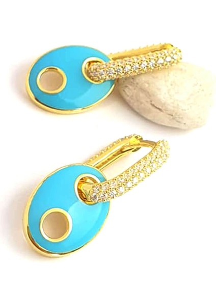 Mavi mineli 925 ayar gümüş üzerine altın kaplama trend küpe