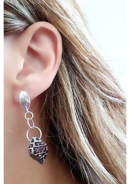 Mineli leopar desenli 925 ayar gümüş italyan lüks küpe