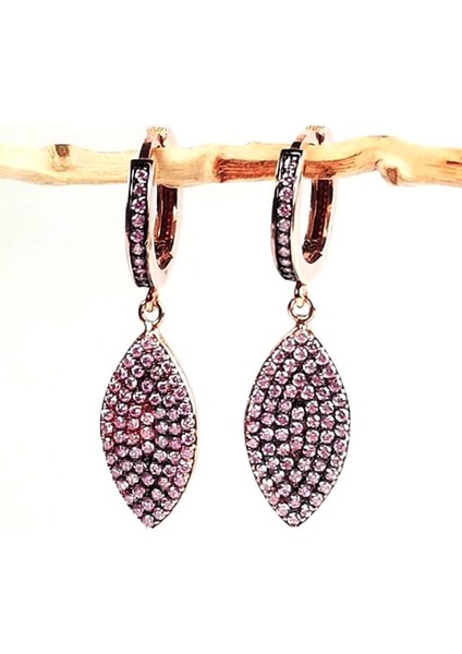 Lila zirkon taşlı sallantılı gümüş üzerine rose altın kaplamalı küpe