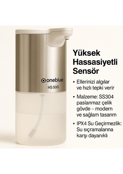 OB-HS500 Sensörlü Sıvı Sabunluk – 330 Ml, Ipx4, Köpük ve Sıvı Sabun Uyumlu, Paslanmaz