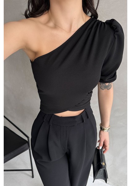 Tek Omuz Prenses Kol Crep (Krep) Crop (Krop) Kadın Bluz modelleri