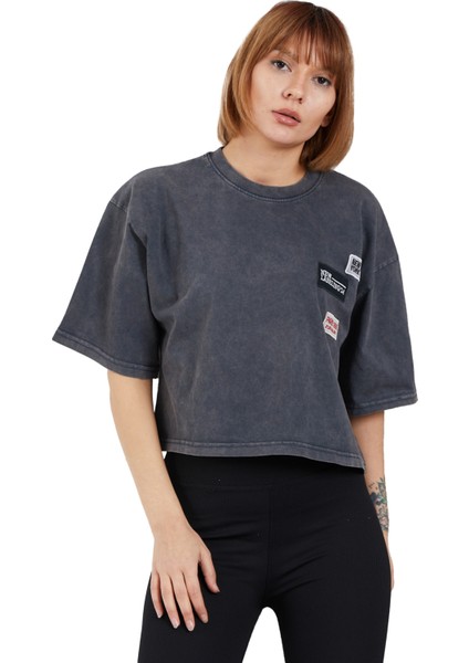 Yıkamalı Armalı T-Shirt Oversize Bol Salaş Crop Tişört