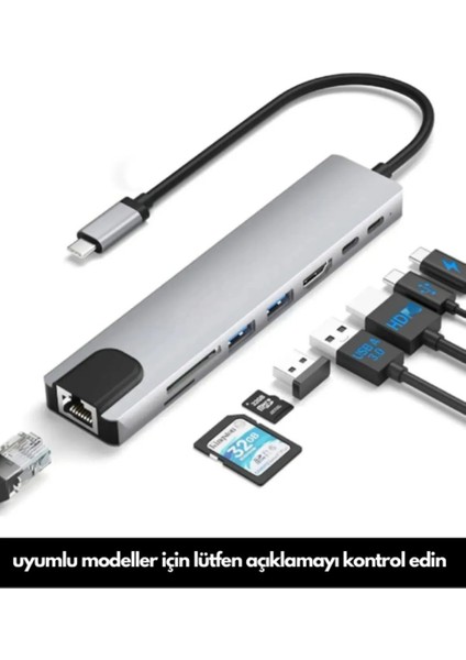 Macbook Pro/air Uyumlu USB Type-C 8 In 1 Hub Dönüştürücü Çevirici Çoklayıcı USB Hdmı Micro Sd 8 Girişli