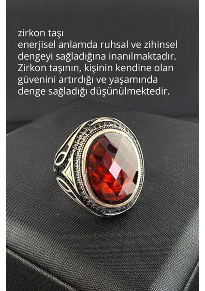 Kırmızı Zirkon ve Oniks Taşlı Gümüş Erkek Yüzük