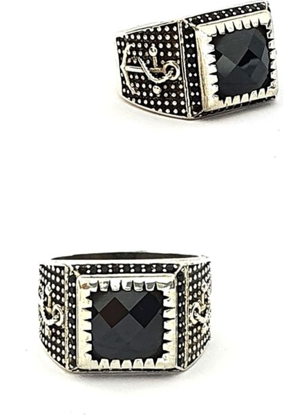 çapa detaylı faset kesim oniks taşlı gümüş erkek yüzük