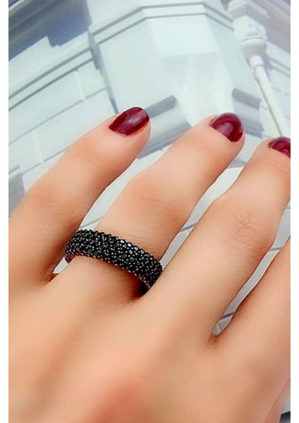 4 sıra oniks taşlı gümüş rose tam tur yüzük