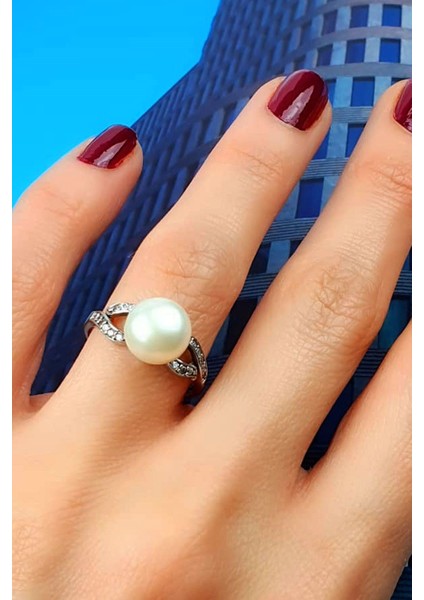 zirkon taş detaylı gümüş inci yüzük