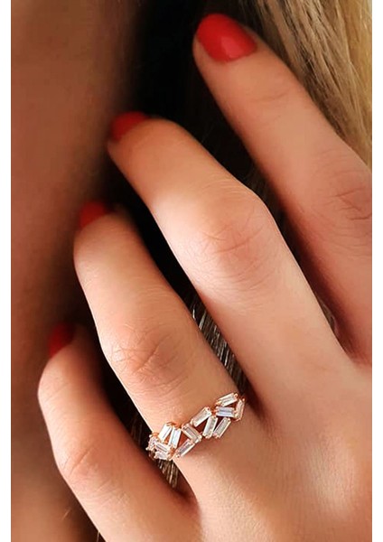 Baget kesim zirkon taşlı gümüş rose çıtır yüzük