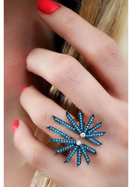 Modern turkuaz taşli tasarım ayarlanabilir gümüş yüzük