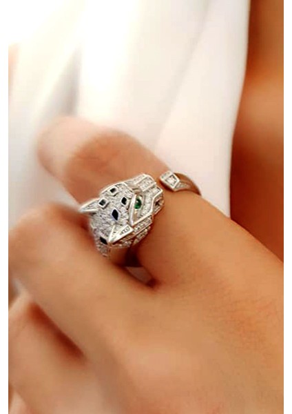 Pırlanta ışıltısında zirkon taşlı gümüş ayarlanabilir kaplan yüzük