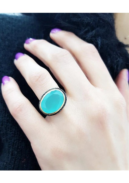 Kalsedon Taşlı Gümüş Altın Kaplamalı Yüzük