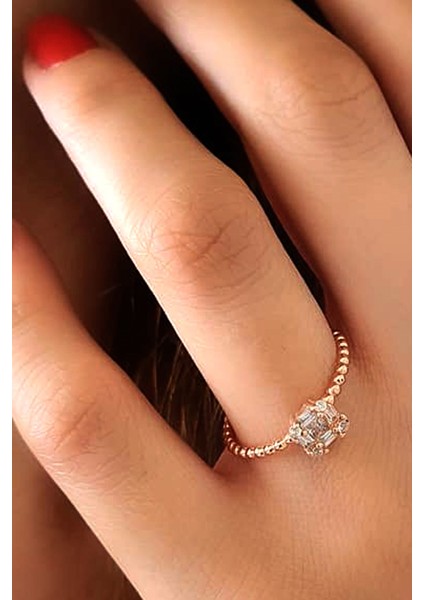 Baget tek taş gümüş rose yüzük