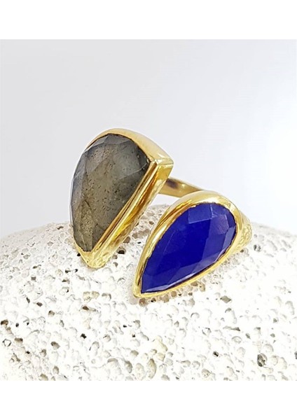 Lapis ve Labrodorite Taşlı Tasarım Gümüş Yüzük