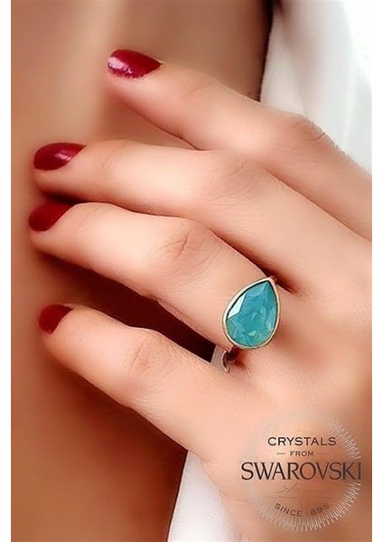 Su Yeşili Swarovski Taşlı Gümüş Ayarlanabilir Yüzük