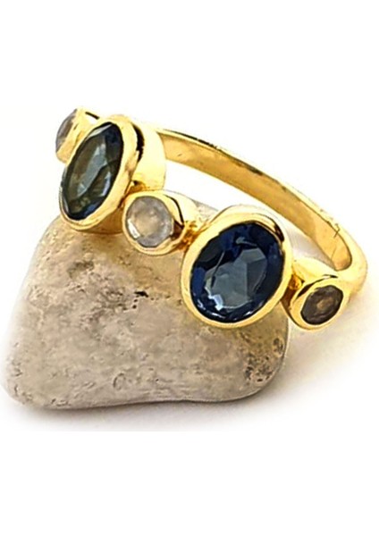 Zirkon ve rutil kuvars taşlı gümüş üzerine altın kaplama el isi yüzük fiyatları