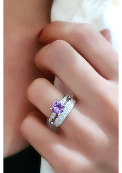 Sky diamond taş detaylı aleksandrit taşlı gümüş lüks yüzük