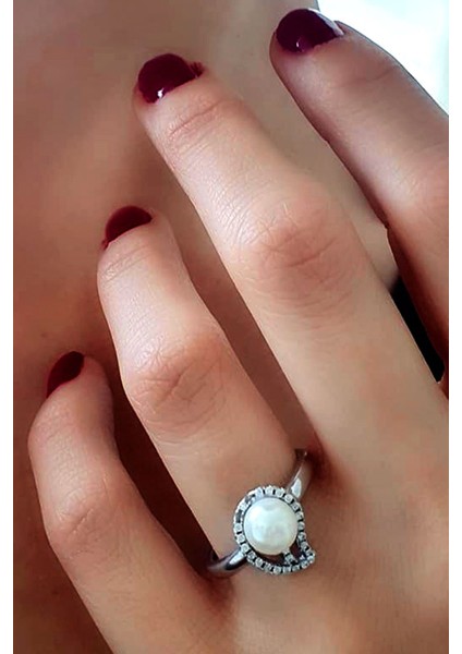 zirkon taşlı gümüş inci yüzük