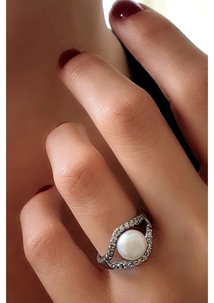 Zirkon taşlı gümüş inci yüzük