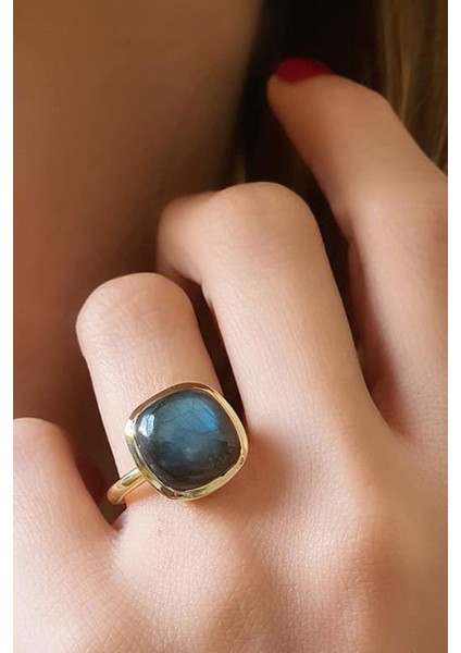 Rutil kuvars taşlı gümüş üzerine altın kaplama el işi yüzük