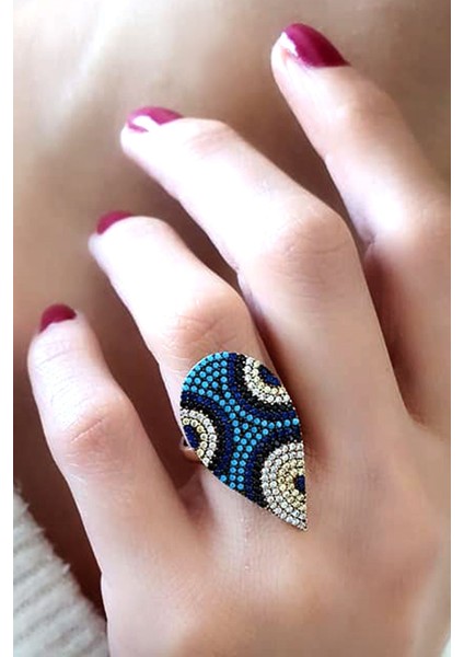 Nazar boncuğu desenli gümüş rose ayarlanabilir yüzük