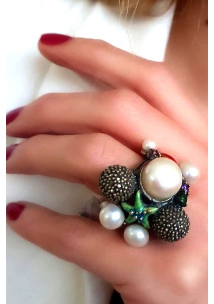 Incili mine işçiliği markazit detaylı gümüş tasarım yüzük modelleri