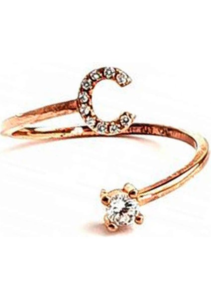 C harfi ayarlanabilir gümüş rose yüzük