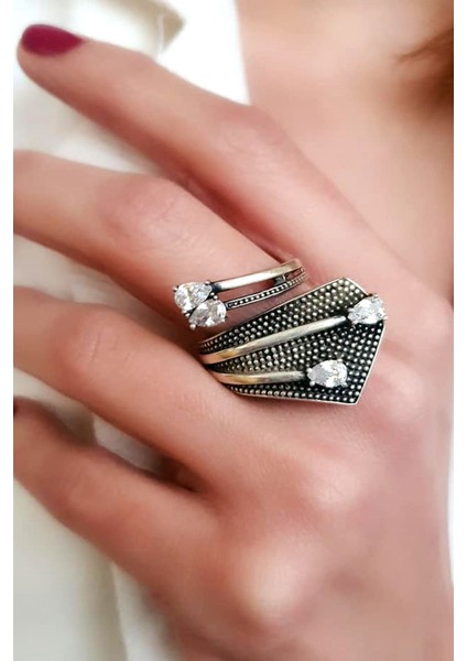 Zirkon taşlı tasarım el işi ayarlanabilir 925 ayar gümüş yüzük