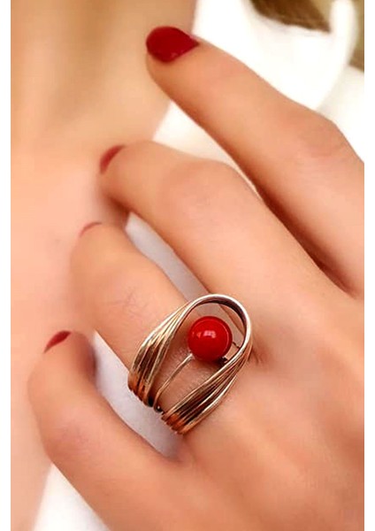 El işi tasarım mercan taşlı ayarlanabilir gümüş yüzük