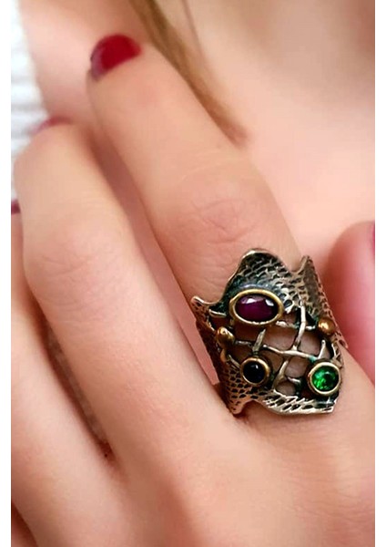 renkli doğal taşlı ayarlanabilir gümüş yüzük