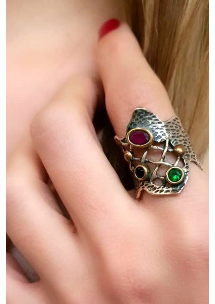 renkli doğal taşlı ayarlanabilir gümüş yüzük modelleri