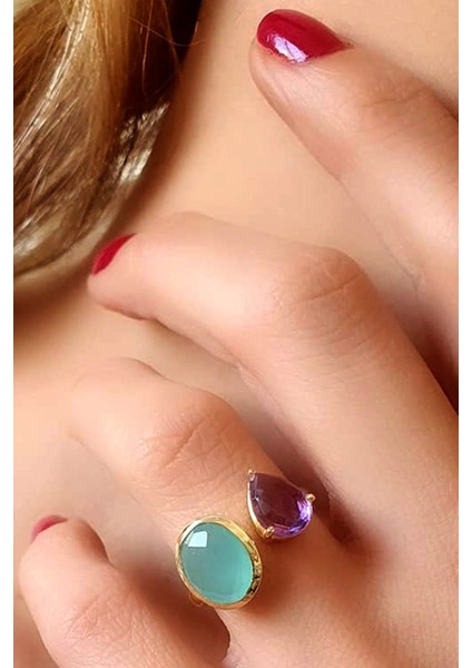 Kalsedon ametist taşlı ayarlanabilir gümüş yüzük