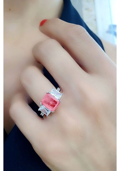 Baget Pembe Kristal Kuvars Taşlı Zirkon Taş Detaylı 925ayar Gümüş Tek Taş Yüzük - OSESHOP