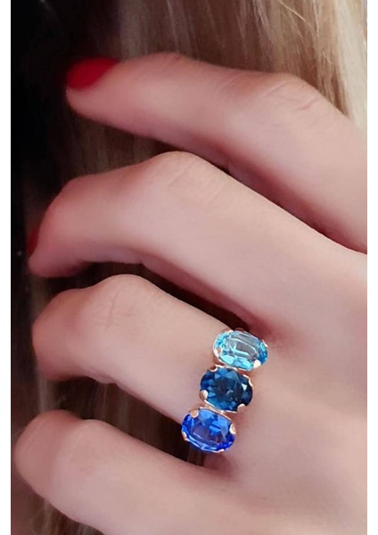 Mavi swarovski taşlı 925 ayar gümüş rose ayarlanabilir yüzük