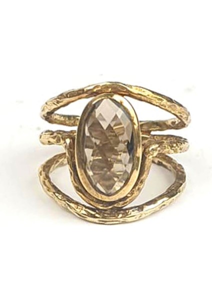 Dumanlı kuvars taşlı gümüş üzerine altın kaplama el isi yüzük fiyatları