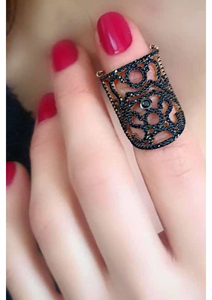 Siyah Oniks Taşlı Gümüş Rose Eklem Yüzük