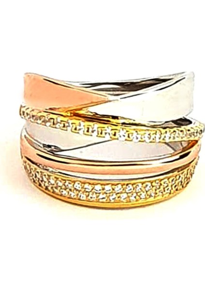 altın işçiliğinde italyan tasarımı gümüş üzerine rose altın kaplama zirkon taş detaylı 3 renk yüzük