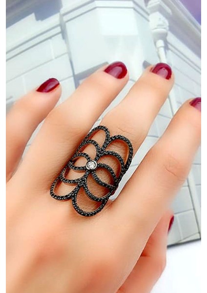 Siyah oniks taşlı gümüş rose yüzük