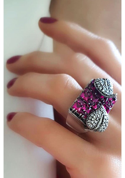 Fuşya pembe zirkon taşlı gümüş tasarım lüks yüzük
