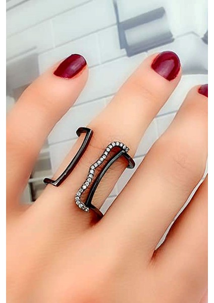 İtalyan tasarımı pırlanta ışıltısında zirkon taşlı gümüş siyah rodajlı hareketli ayarlanabilir yüzük