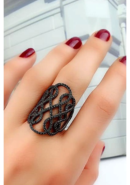 Oniks taşlı gümüş rose yüzük