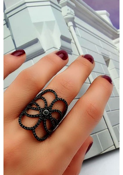 Oniks taşlı gümüş rose yüzük