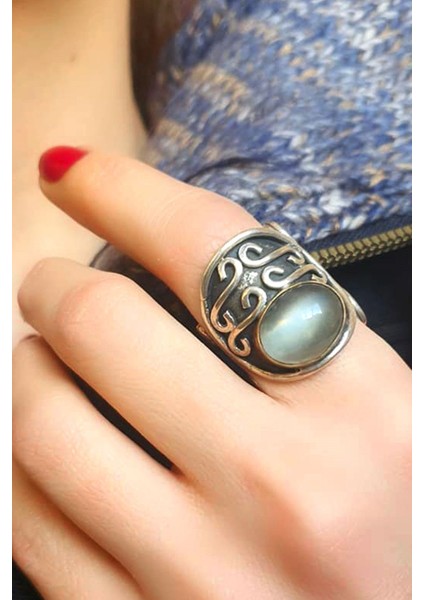 Ay taşı tasarım el isi ayarlanabilir gümüş yüzük