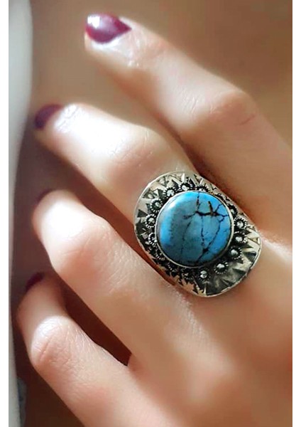 Turkuaz taşlı markazit taş detaylı tasarım gümüş yüzük