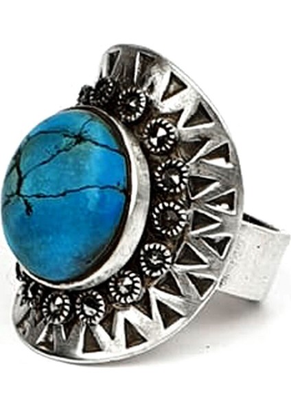 Turkuaz taşlı markazit taş detaylı tasarım gümüş yüzük fiyatları